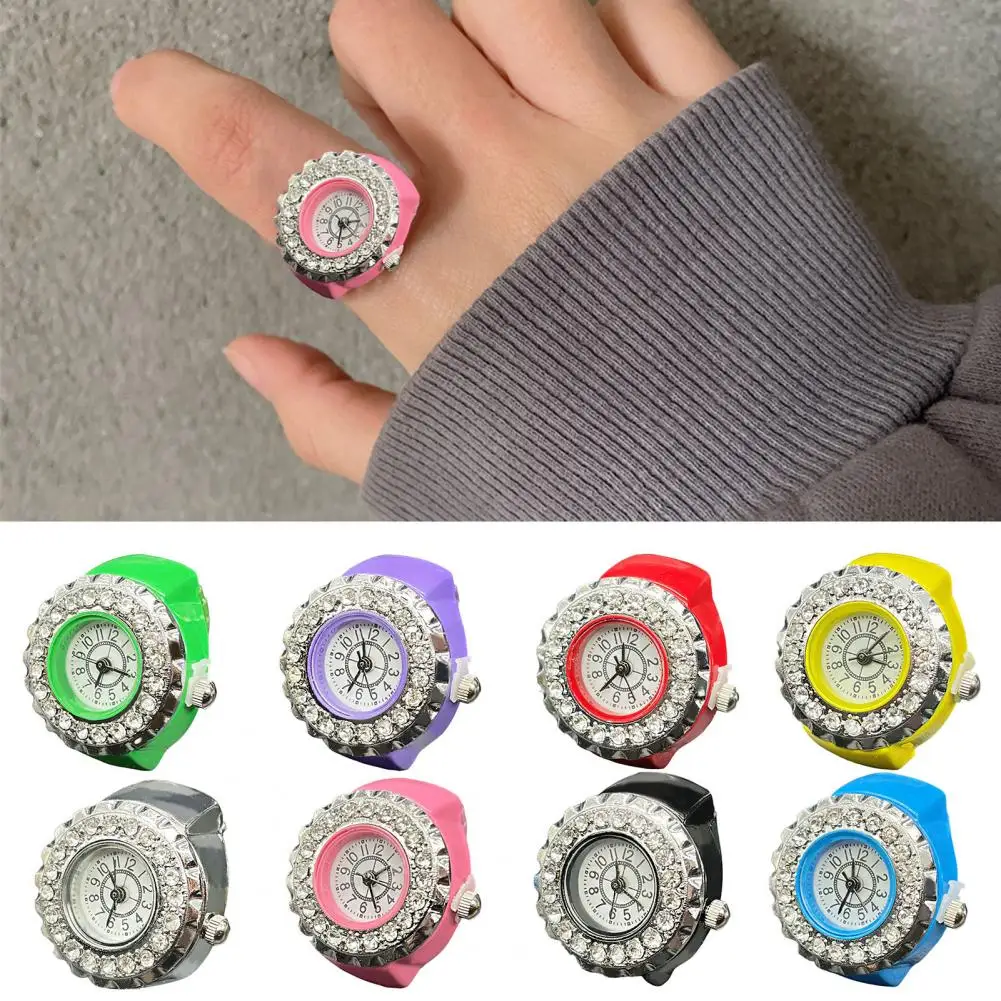 Chic Rhinestone Inlaid Finger Watch Ring Adjustable Watch Ring Dazzling Rhinestone Round Watch Ring Dating Supplies