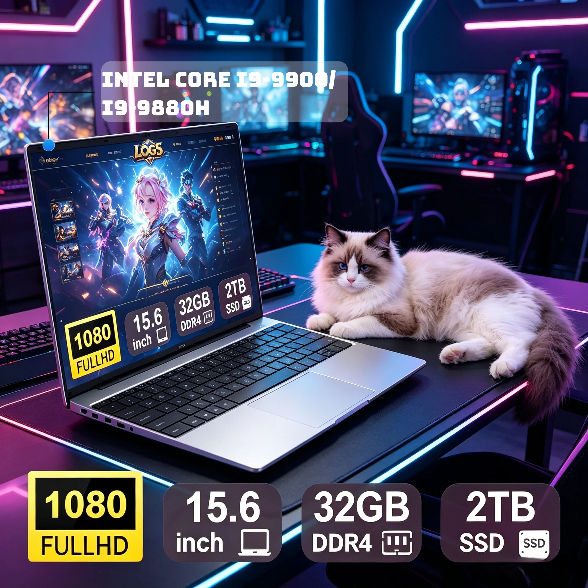 15.6 Inch Large Memory Laptop Intel Core I9-9900 I9-9880H Windows 11 32GB RAM 2TB SSD Student Office Gaming Notebook