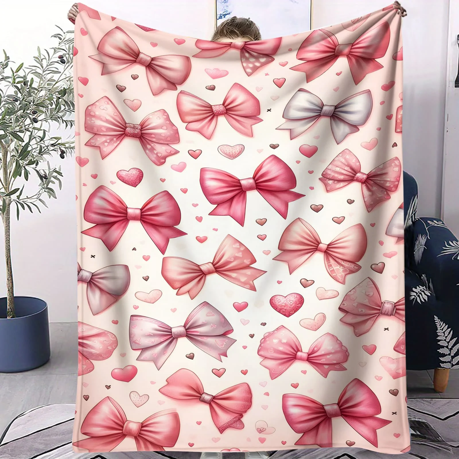 Coperta per aria condizionata con cuore rosa con fiocco, modello romantico cartone animato, coperta per pisolino, divano e letto, regalo morbido per ragazze e donne