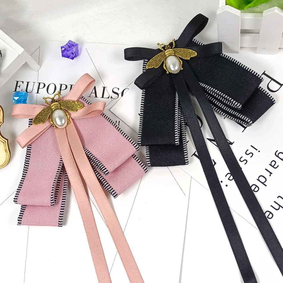 

Korean Streamer Bow Tie Brooch Fashion Handmade Jewelry Women's Suit Shirts College Style Black Pink Bee Bow-tie Collar Flower