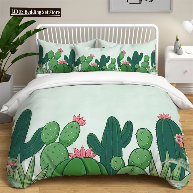 

Green Cactus Potted Duvet Cover Set King Size Polyester Comforter Cover Cartoon Green Plant Cute Kawaii For Kid Boy Bedding Set