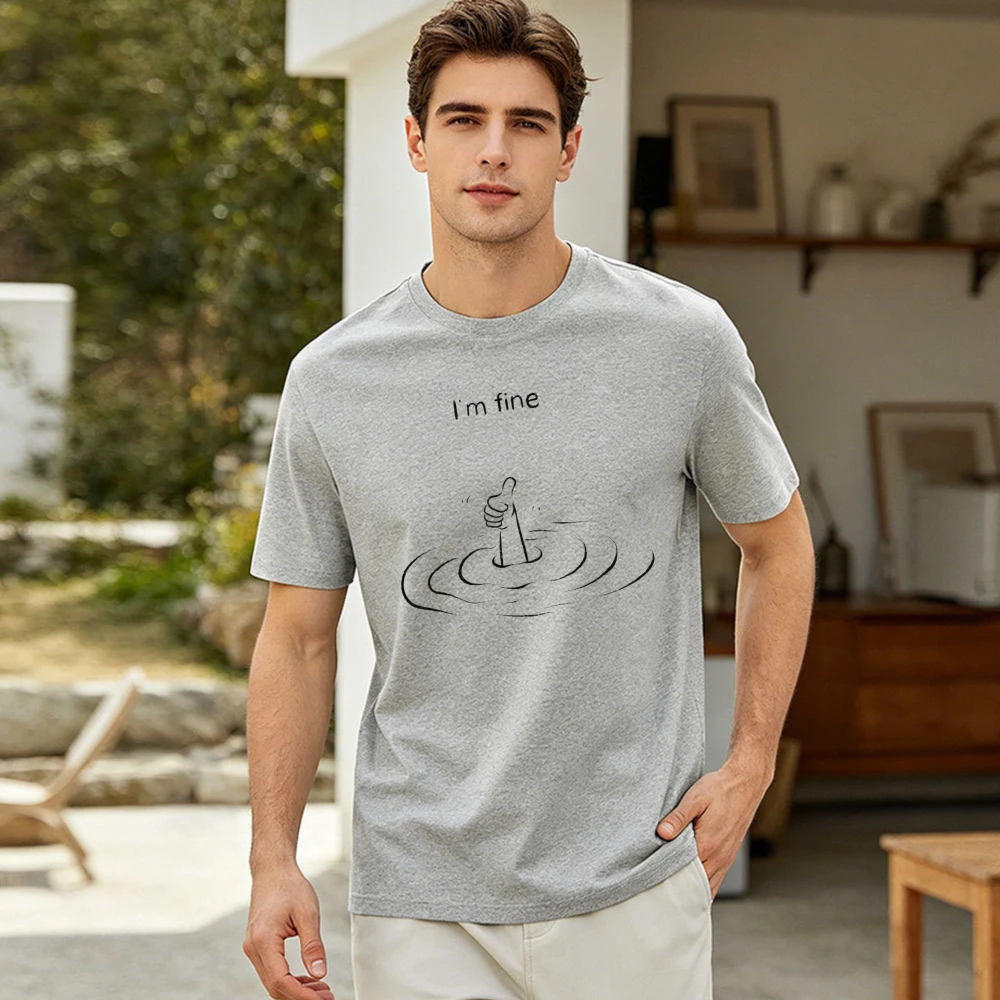 I'm Fine Drowning Man Thumbs Up Line Graphic Men Summer Cotton T Shirt Sarcastic Meme Minimal Casual Short Sleeve Top