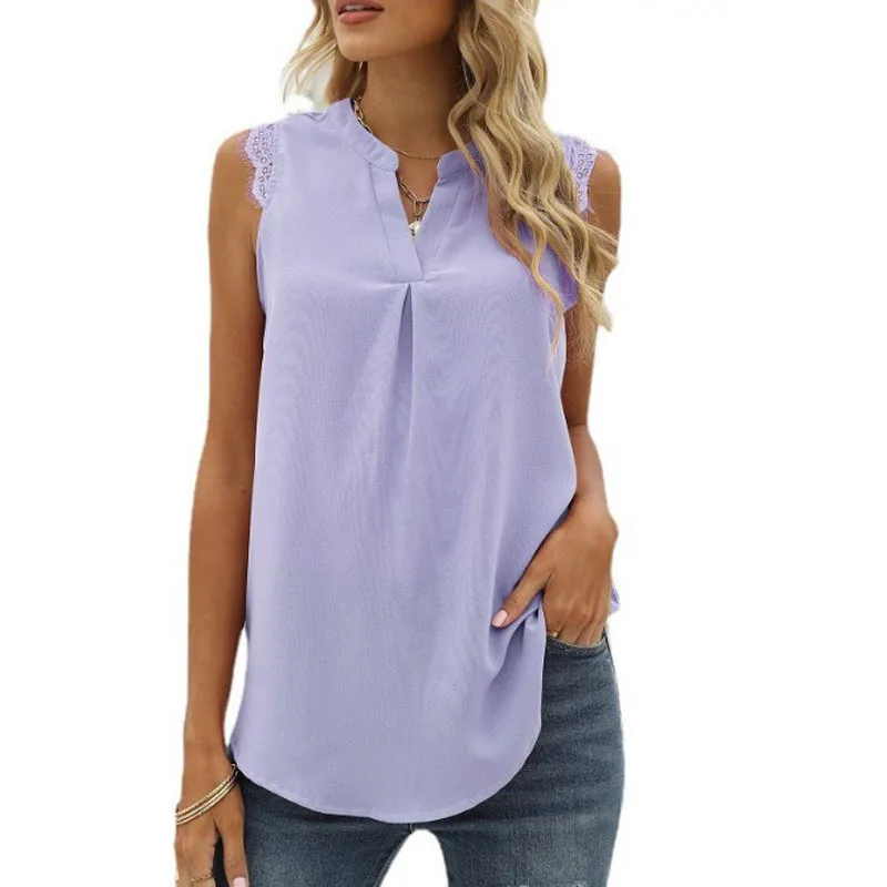 

Women's Spring and Summer New Solid Color Shirt Loose V-neck Sleeveless Lace Top