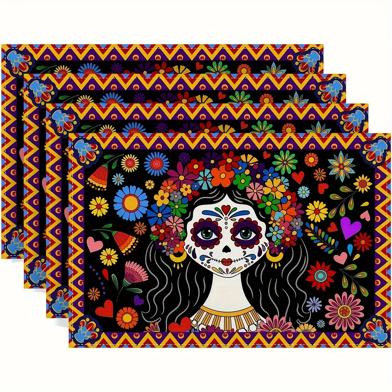 4-Piece Mexican Mat Set Day of the Dead Mat Cartoon Girl Skull Flower Pattern for Día de Muertos Party and Family Gatherings