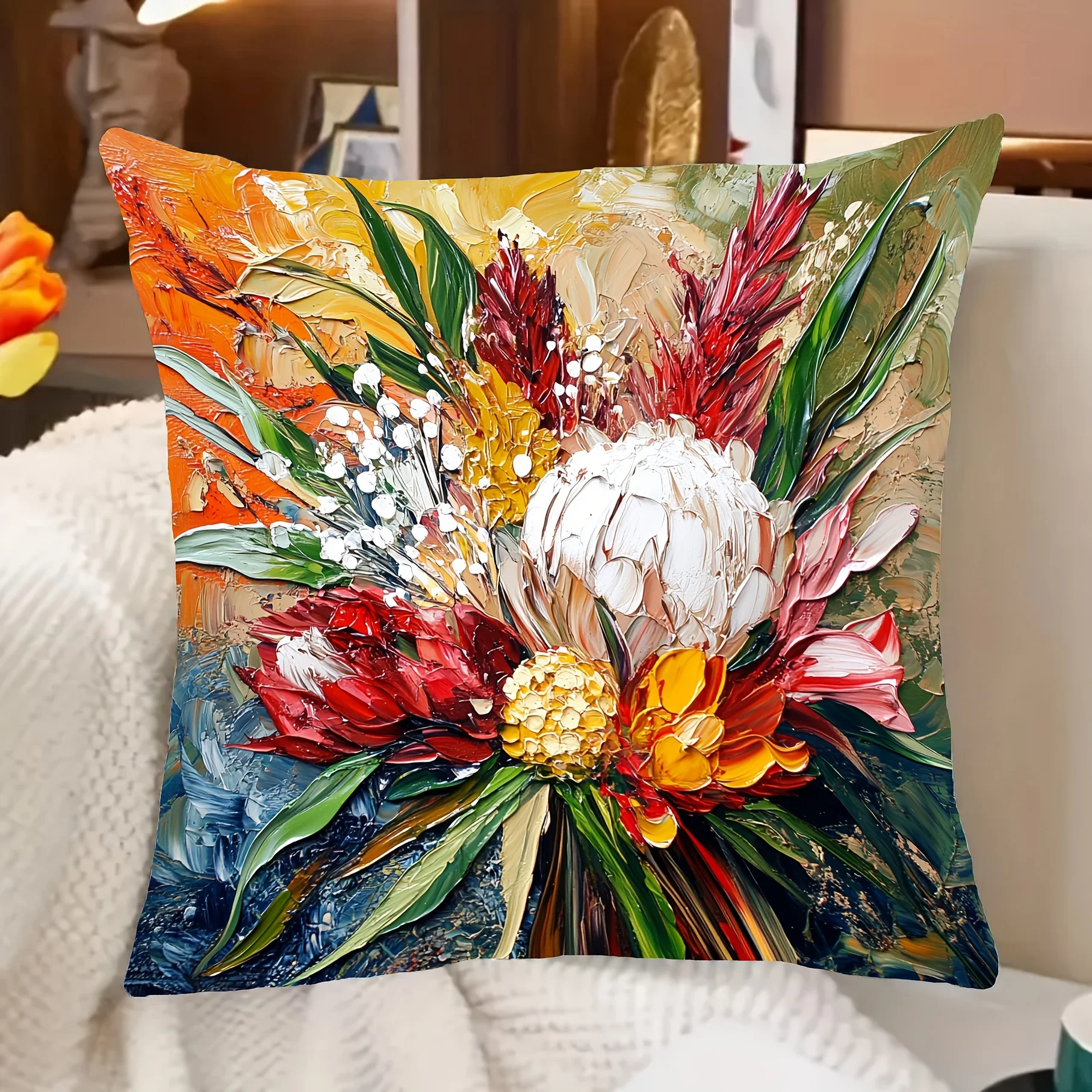1pc Vintage Baroque Bouquet Throw Pillow Cover 2D Double-Side Print Polyester Cushion Case for Home Sofa Car Office Decor