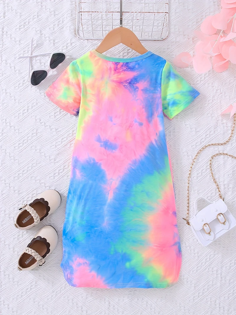 Summer Girls Clothing 2-6 Y Children's Rainbow Tie Dye Printed Dresses Fashion Short Sleeved Slit A-line Dress for Girls