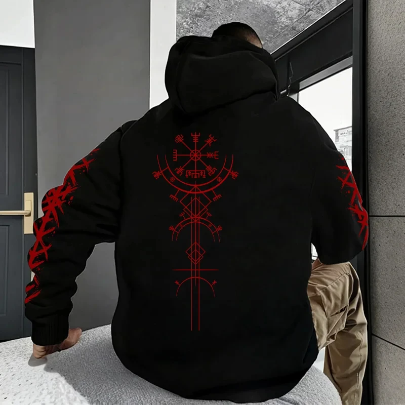 2026 Men's Viking Rune Compass Raven Print Hoodie Oversized Loose Front Back & Sleeve Graphic Streetwear Casual Pullover Sweatsh