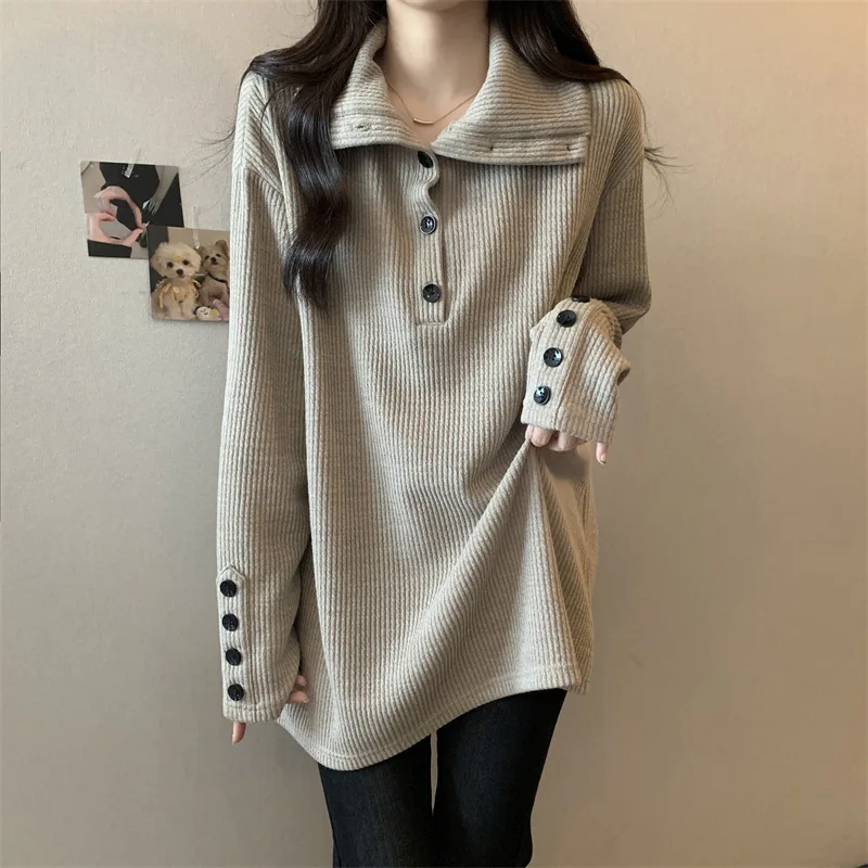 Pullovers Women Lapel Button Design Covers Stomach Appears Slim Loose Bottom Shirt Unique Medium Long Plus Size Female Clothing