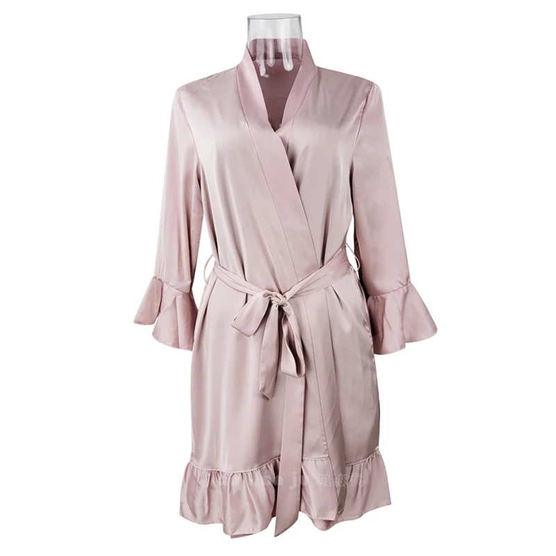 Pink Ruffles Women\'s Satin Bathrobe with Belt 3/4 Long Sleeve V-neck Night Robe Silk Sleepwear Wedding Bridemaid Robe Kimono