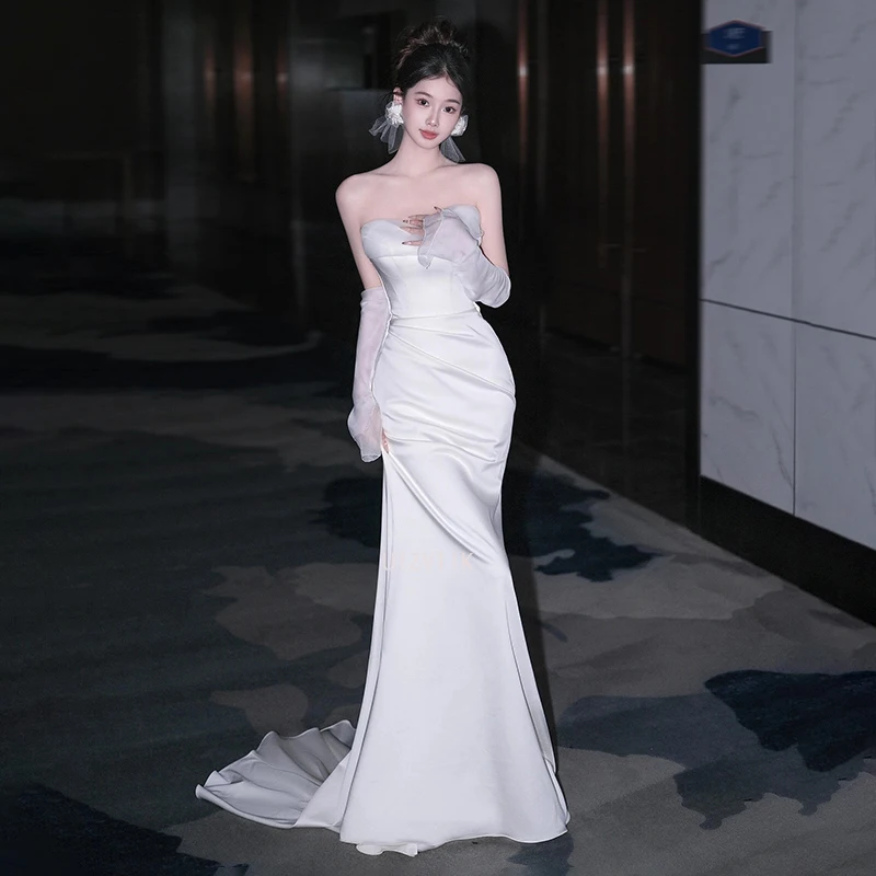 

Роскошные атласные вечерние платья русалки для выпускного вечера, женские сексуальные длинные свадебные платья без бретелек, вечерние платья по индивидуальному заказу