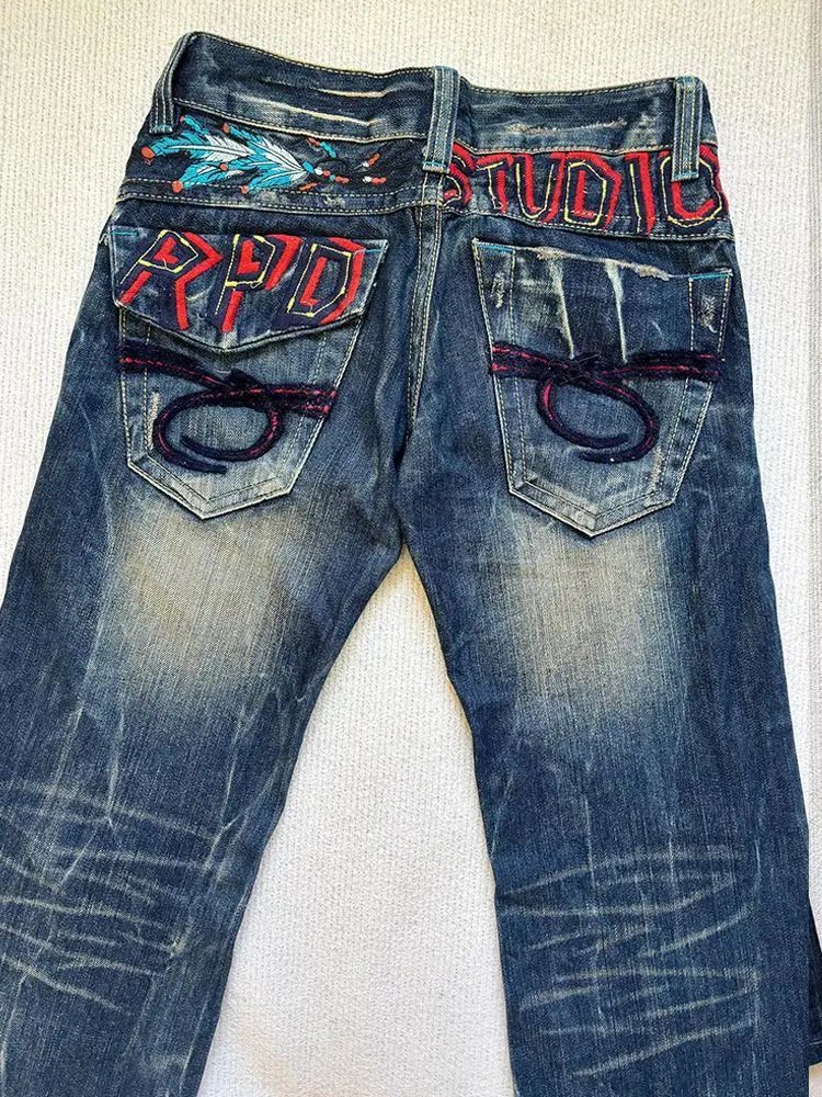 American high-street design heavy-duty embroidered jeans for girls, retro subculture, distressed low-waist floor mopping pants
