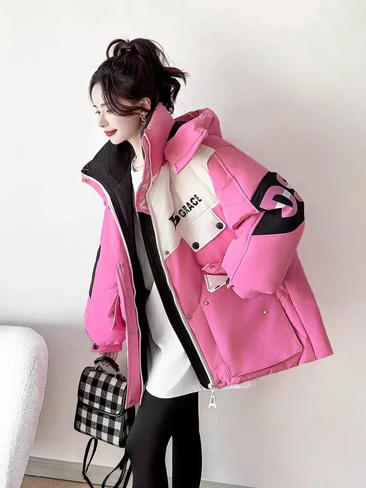 Duck Down Hooded Jacket for Women, Color Blocking Coat, Short Section, Warm, Casual, New Models, Fall, Winter, 2024