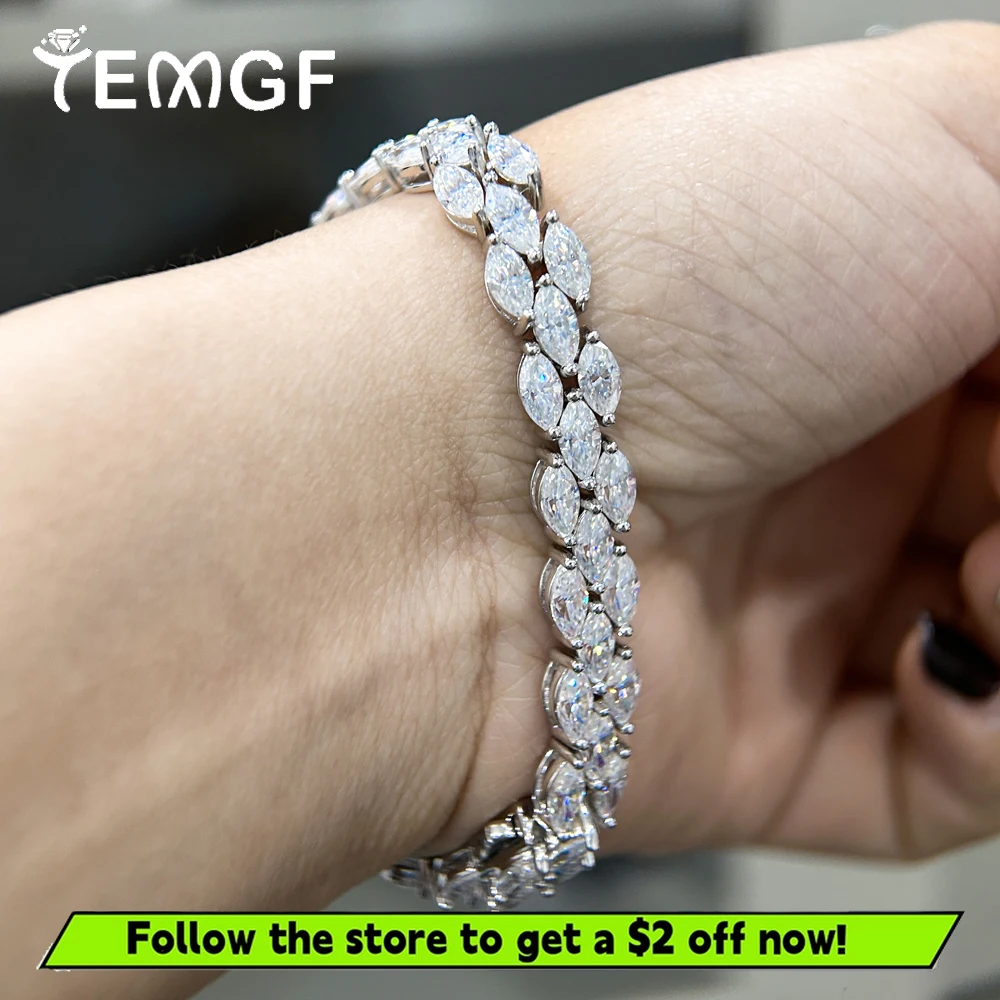 

TEMGF S925 Silver Bracelet 0.3CT Marquise Moissanite Inlay 15-18cm length for Women Elegant Fashion Fine Jewelry