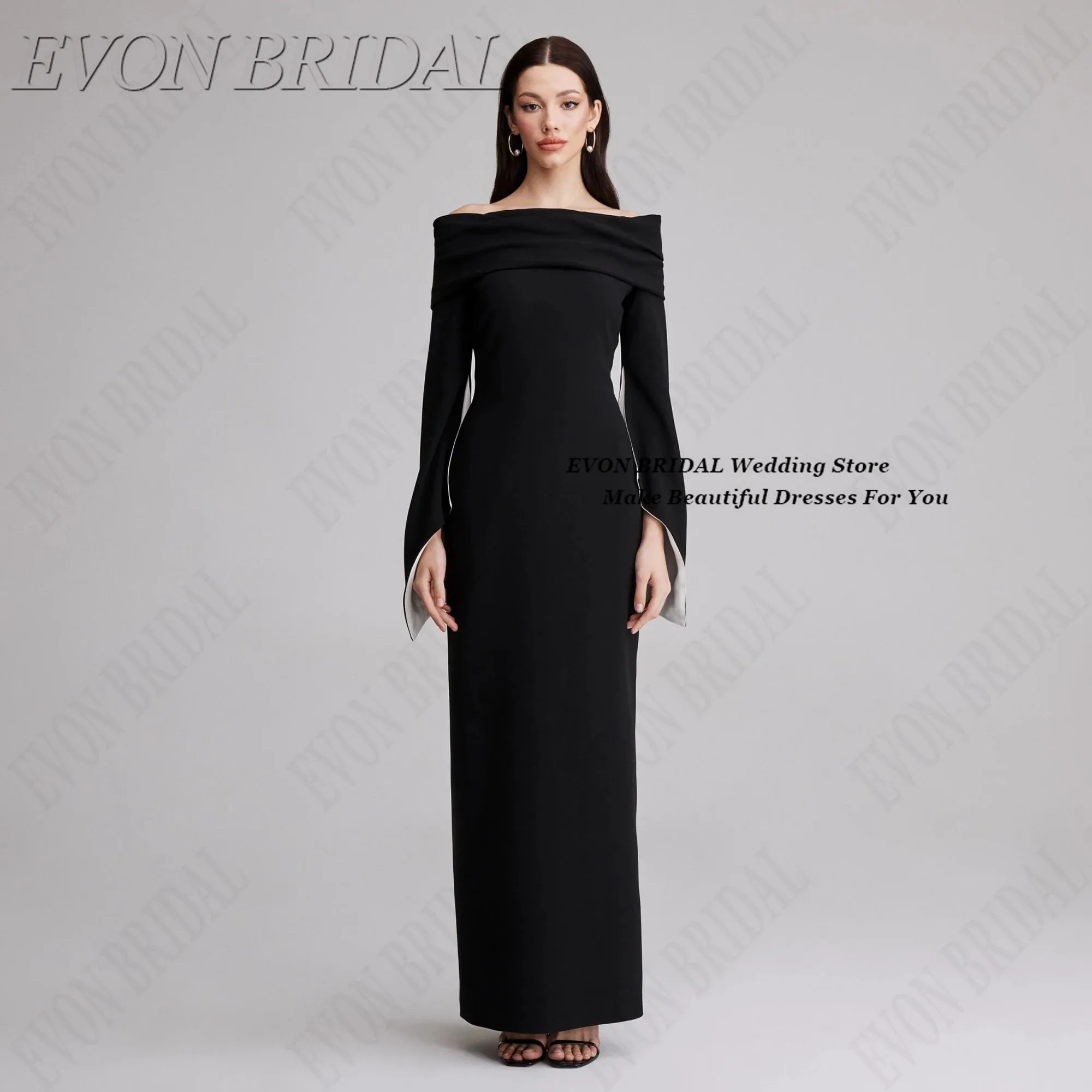 

EVON BRIDAL черно-белое женское церемониальное платье с длинными рукавами для красной ковровой дорожки, свадебное вечернее платье трапециевидной формы, вечернее платье на заказ
