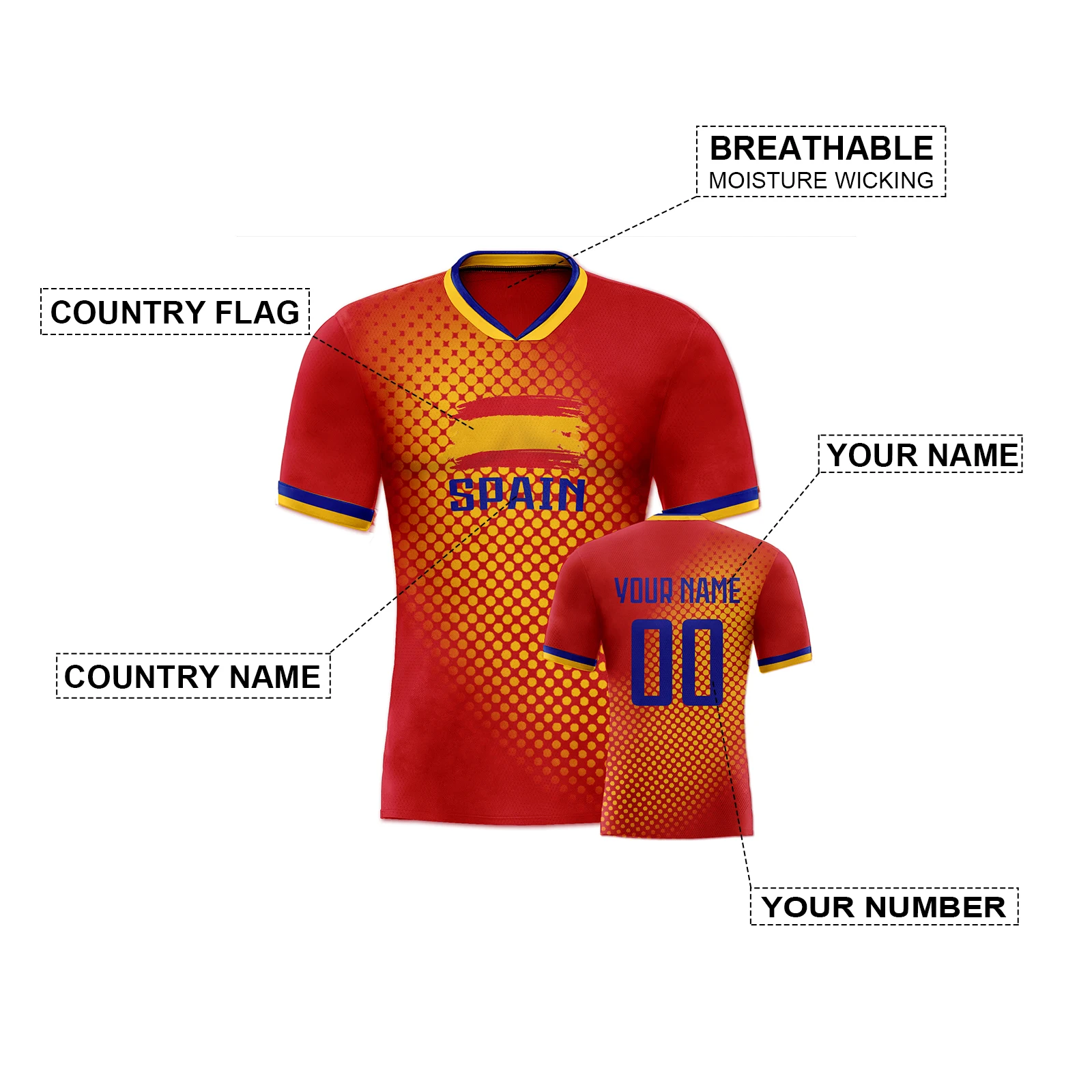 Custom Spain Soccer Jersey Quick-Dry Football Shirts Personalized Name Number Team Training Top for Fans Men Women Youth