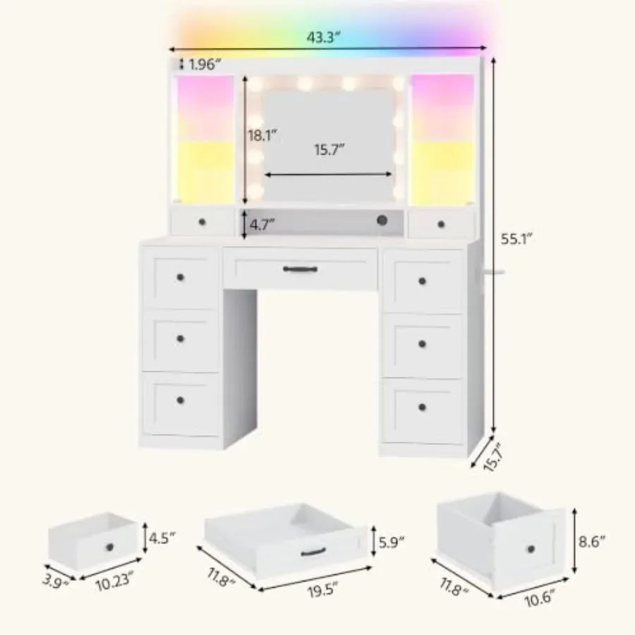 White makeup vanity desk for bedroom use, MDF material, white color, 9 drawers + 2 RGB cabinets + charging station + 10 LED bul