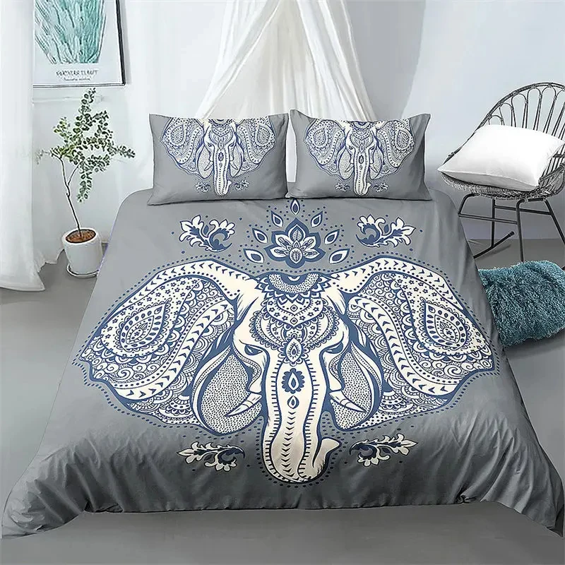 Boho Elephant Duvet Cover Set Full King Size Bohemian Hippie Mandala Bedding Set Exotic Style Elephant Bedding Set for Boys Girl
