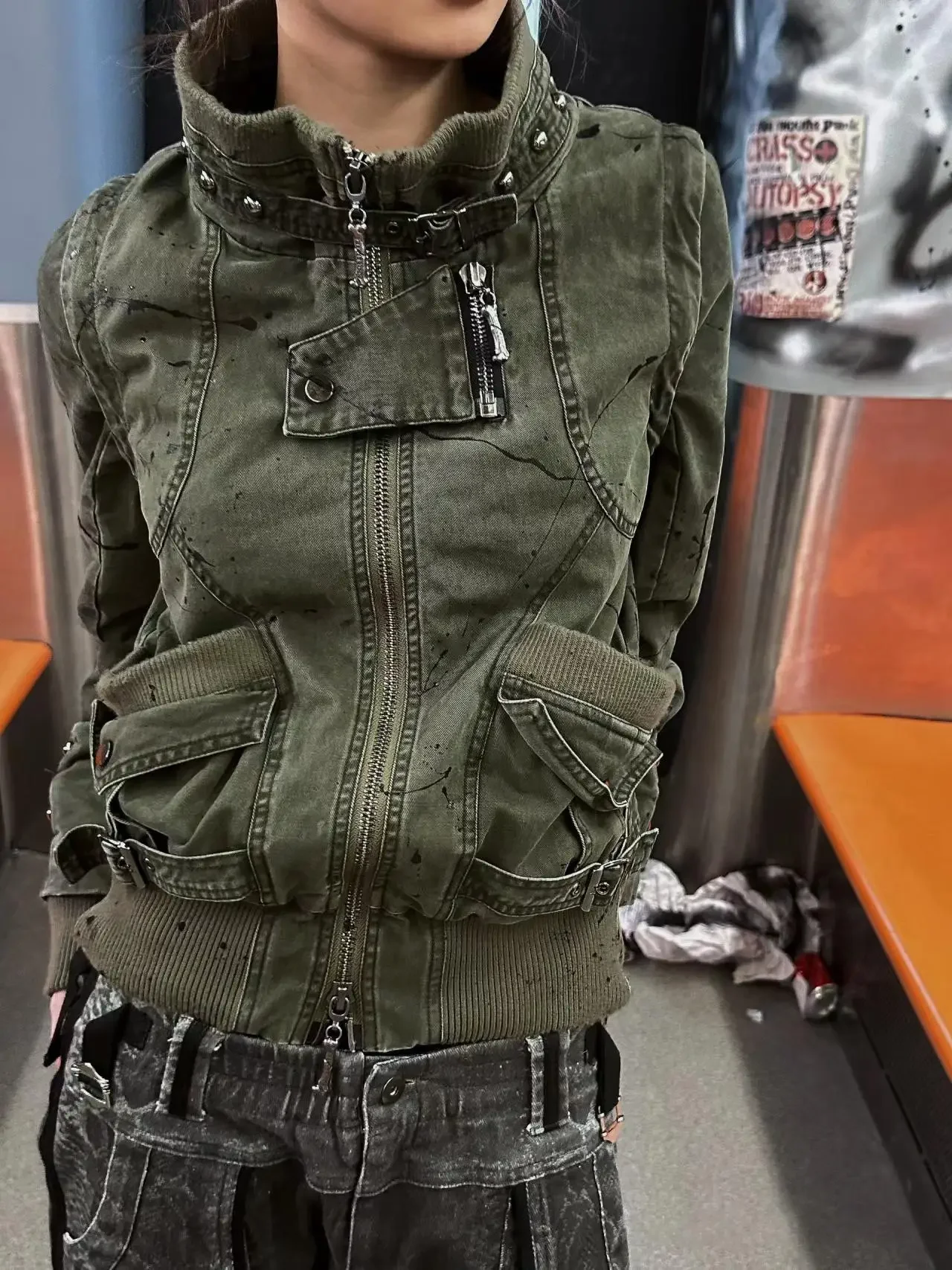 Fulltide Original Design Autumn Winter Two Ways Wearing Punk Washed Cargo Jacket Army Green Vintage Retro Chic Coat Streetwear