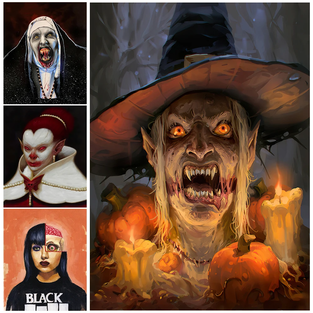 Valak The Demon And Zombie Witch Vintage Wall Art Canvas Painting Vampire Countess And Mushroom Man Poster And Print Decoration