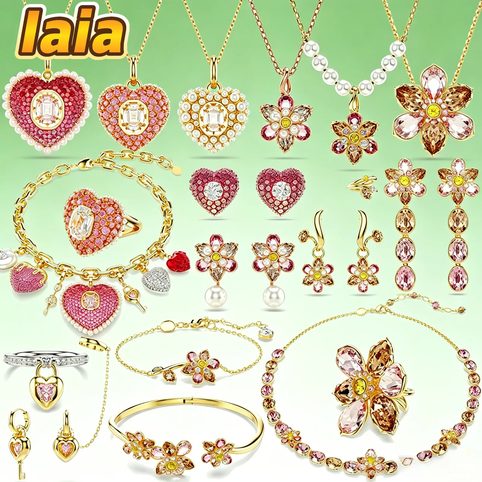 Top selling quality Fine Anniversary Jewelry Set Pink Heart Shaped Flower Pendant Crystal Luxury Women Necklace Earrings