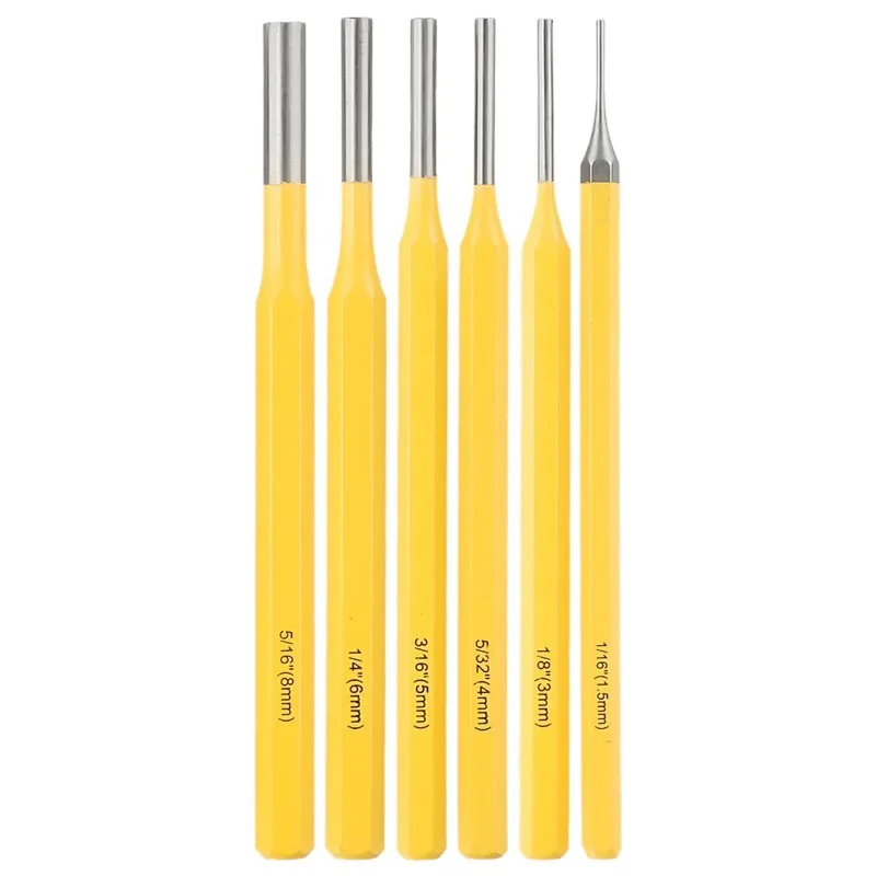 Quick needle pulling drive pin for hunting carpenters, 6PCS rolling pin punching chisel set, 1/8 3/16 1/4 5/16 5/32 1/16 inches