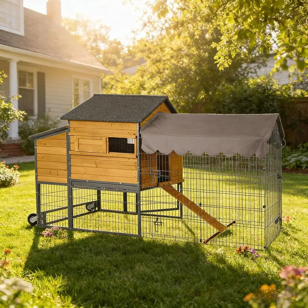

Large Mobile Chicken House with Strong Iron Outdoor Poultry Cage, Nesting Box, and Waterproof Rain Cover, 85 Grey