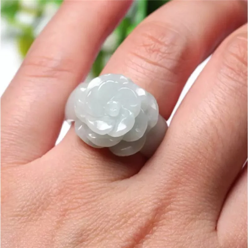 Bague en Jade blanc naturel en Rose émeraude, bijou chinois cardé à la main, cadeau pour femmes