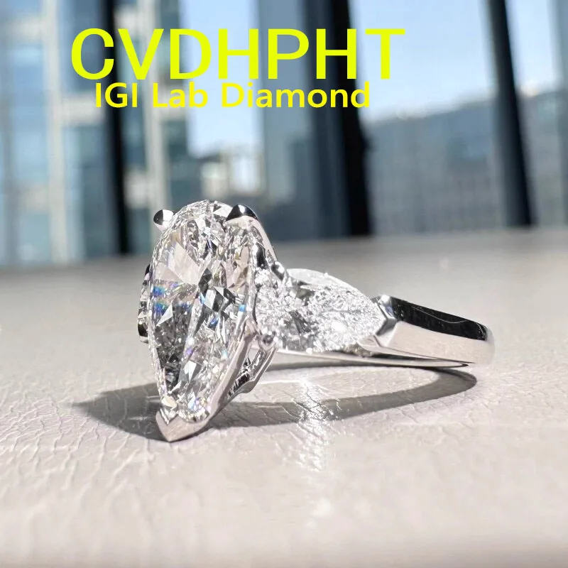 1 2 3 4 Ct D VS1 Lab Grown diamond RingThree diamonds Pear cut Engagement Ring Real 18K White Gold engagement ring