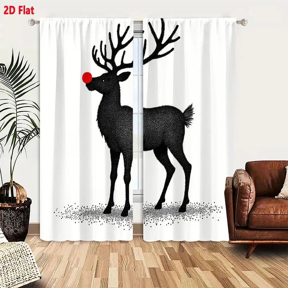 2Pcs Curtains 2D Flat Stylized Illustration Of Rudolph The Red-Nosed Reindeer With Black Textured Body Large Antlers Bright Red
