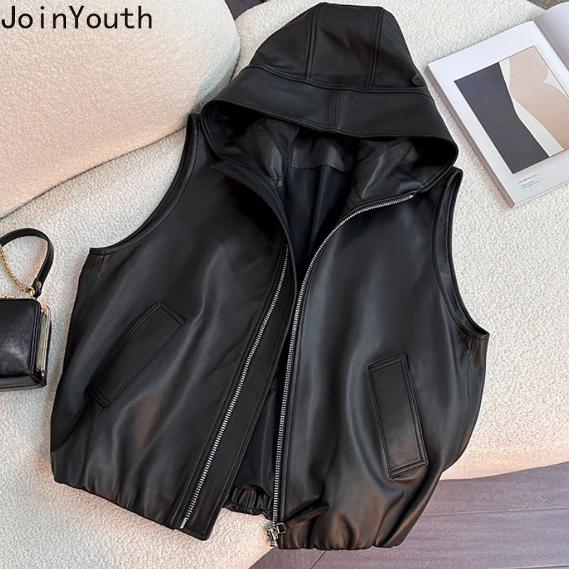 Streetwear PU Women Vest Jackets 2024 Ropa Mujer Hooded Zipper Sleeveless Casual Waistcoat Y2k Tops Fashion Korean Leather Tanks