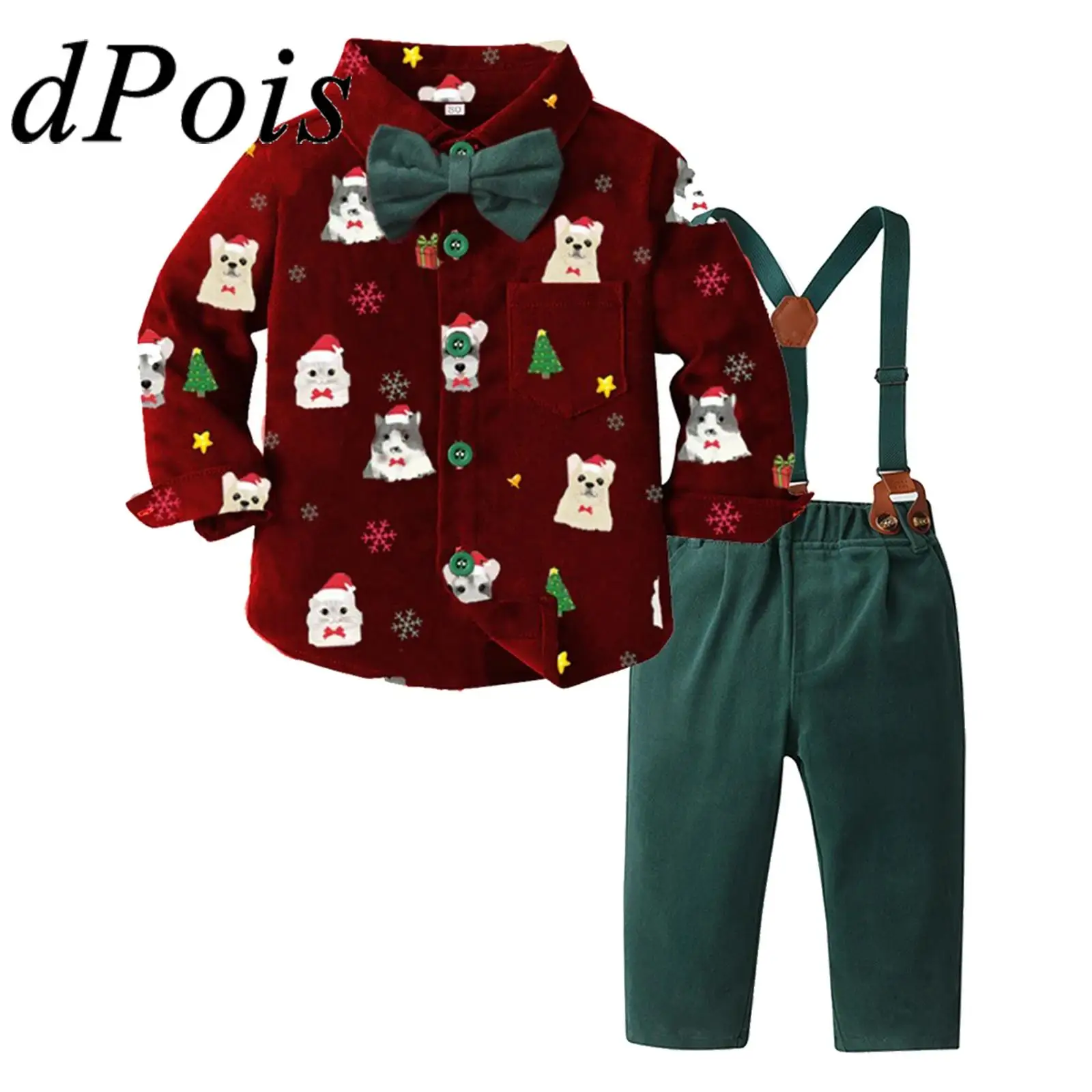 Conjuntos de ropa navideña para niños, traje de caballero de manga larga, camisa con estampado encantador, pantalones con tirantes, trajes de fiesta de cumpleaños