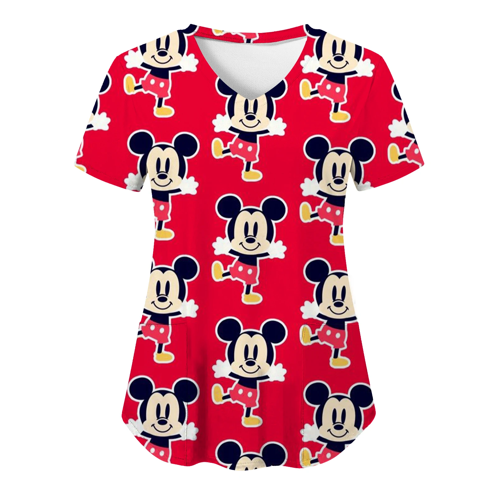 Top Women 2024 Minnie Mouse Tops Disney T Shirt Pocket T-shirts Hospital T-shirt Summer Nurse Uniform Woman Clothes Mickey Tees