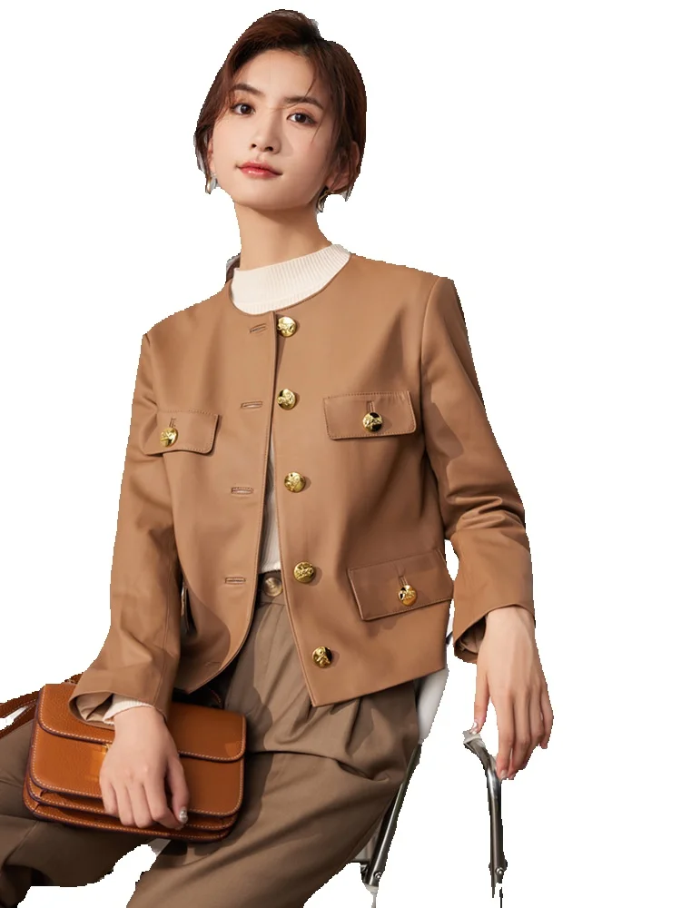 Seasonal New Short Round Neck Fashion Versatile Leather Sheep Belt Buckle Coat