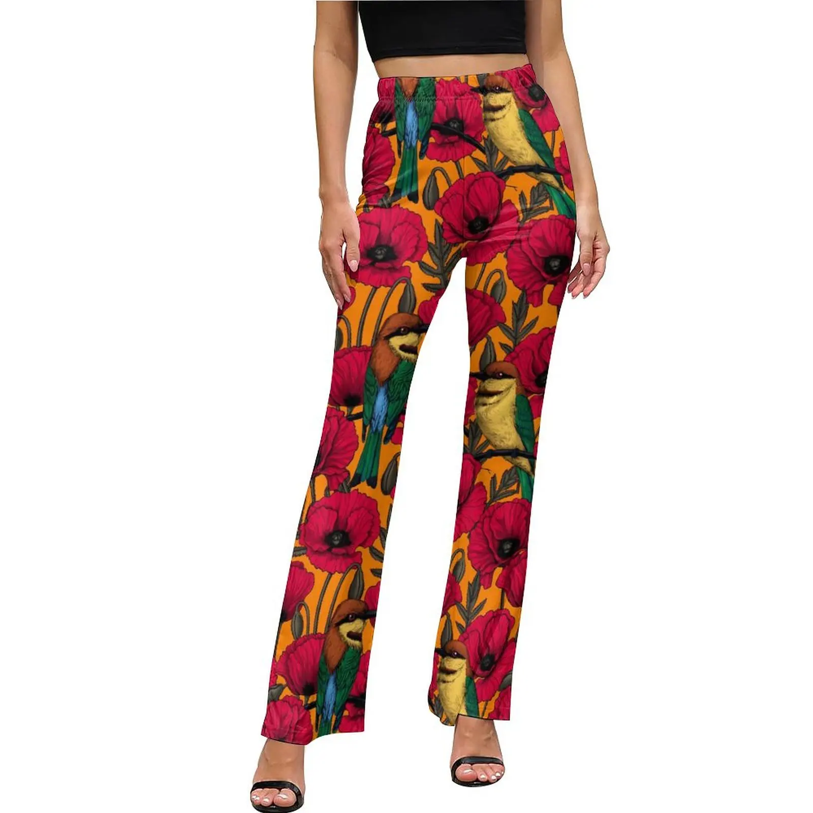 

Birds Flower Pants High Waist Bee Eaters And Poppies Streetwear Flared Pants Summer Sexy Printed Oversized Trousers