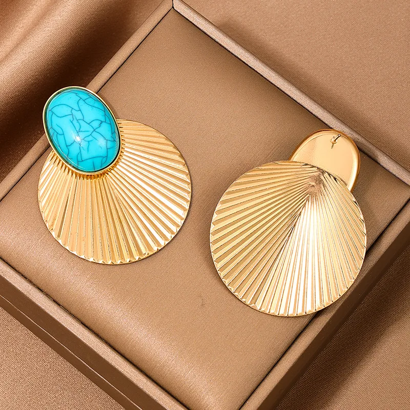 Stud Earrings For Women Turquoise Metal Disc Geometric Party Gift Holiday Fashion Jewelry Ear Accessories BE456