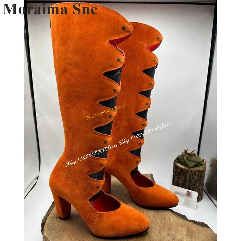 

Knee High Orange Flock Hollow Boots Chunky High Heel Shoes For Women Back Zipper Round Toe 2024 Fashionable Zapatos Para Mujere