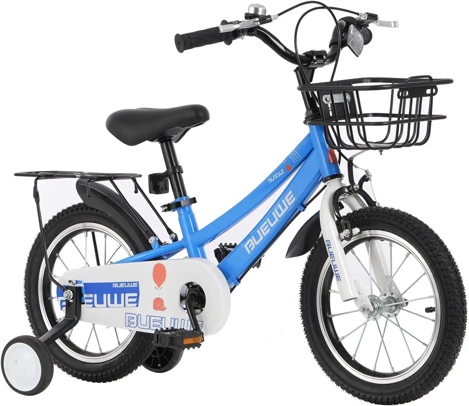 Rower dziecięcy 14/18 cali z hamulcami przednimi i tylnymi, kołami pomocniczymi, koszykiem, regulowany rower dla chłopców i dziewcząt w wieku 3–9 lat, pedały zabezpieczające.