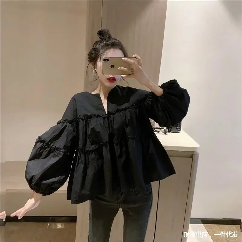 Women Blouses 2024 New Autumn Cotton Sweet Full Solid Puff Sleeve Folded Vintage Korean Ladylike Loose Shirt Large Size