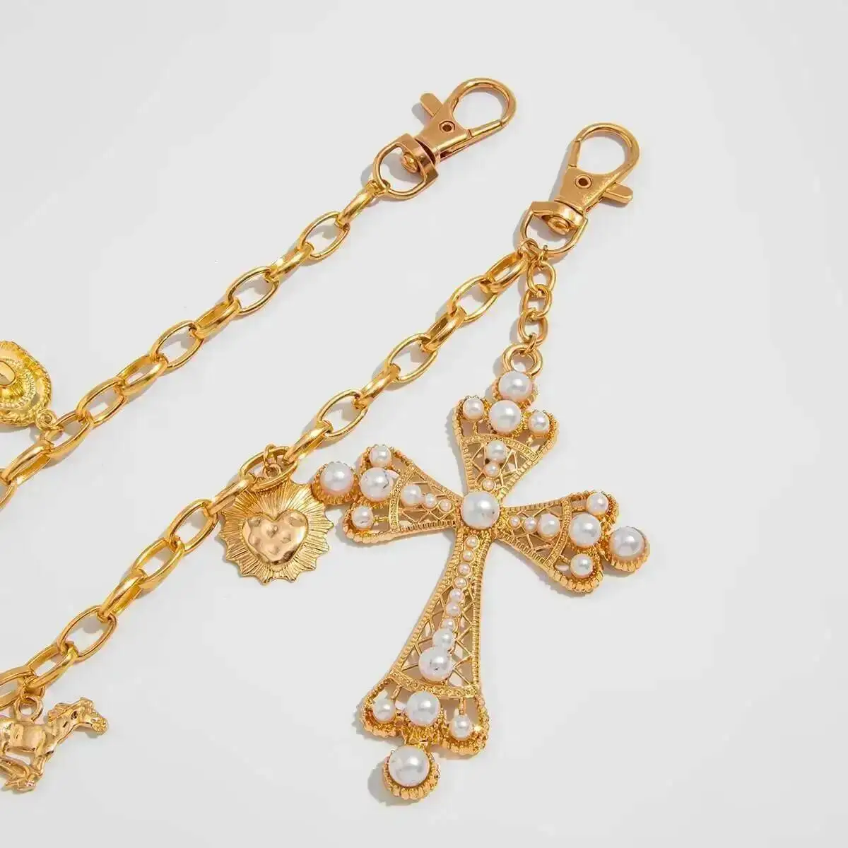 

PuRui Creative Inlay Imitation Pearl Big Jesu Cross Pendant Jeans Pants Chain Hiphop Cowboy Hat Boot Pendant Waist Chain Jewelry