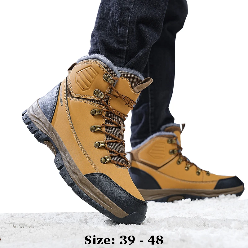 

High quality ankle length leather snow boots for men size 47 48 new 2024 winter outdoor hiking mountain shoe grey brown