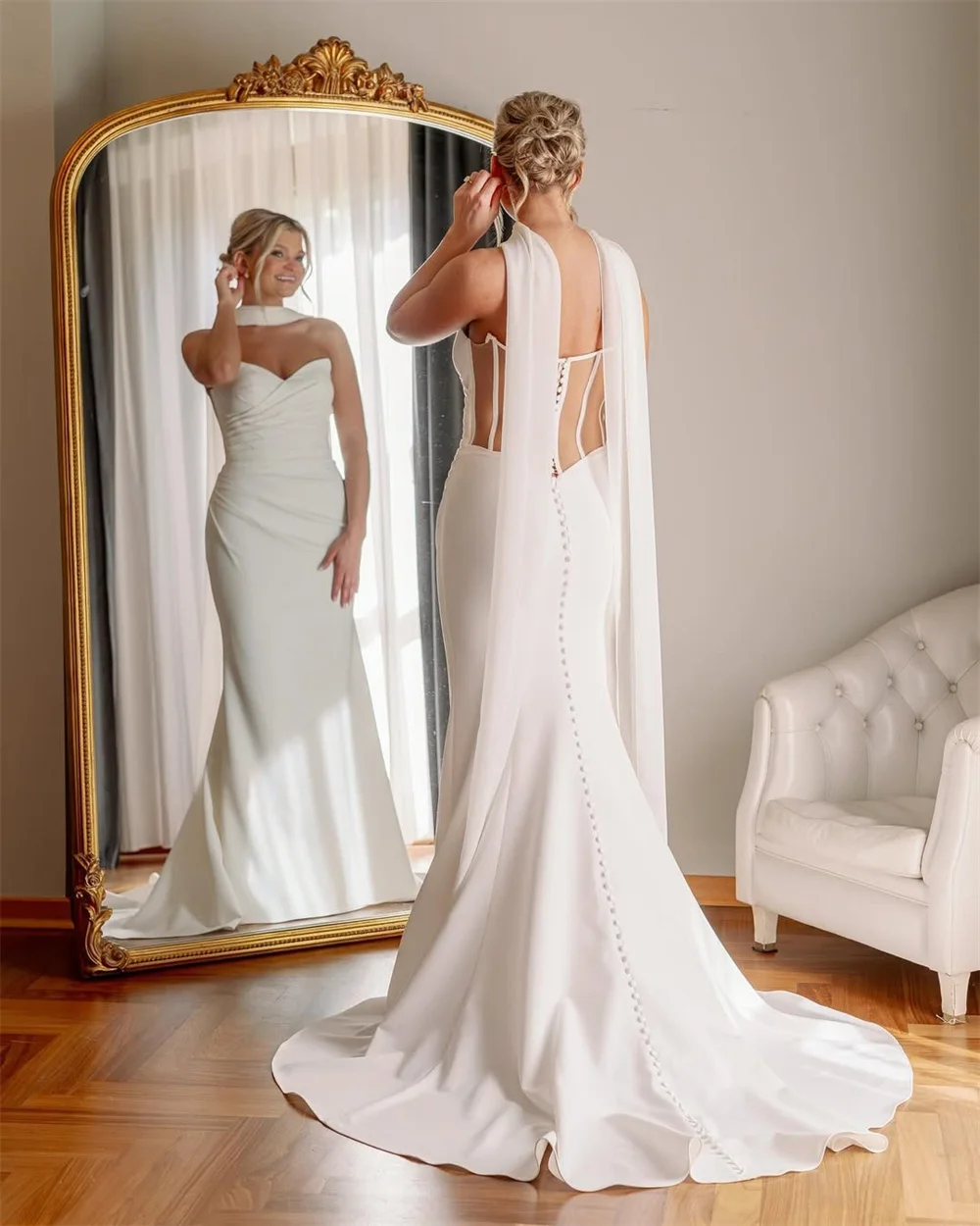 Tokyo Aangepaste witte trouwjurk met hartvormige hals, mouwloze bruidssluier met ritssluiting aan de achterkant, elegante zeemeermin trouwjurk