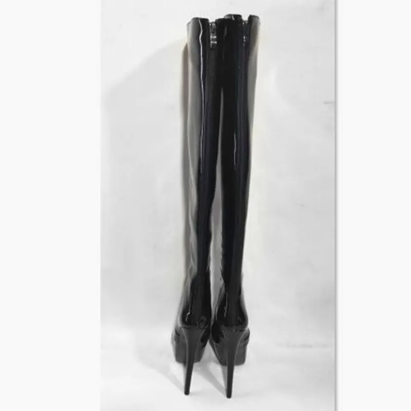 DIZHUANG-Botas de Salto Alto Femininas, Moda Sapatos Altura do Salto 15 cm, cerca de 15 cm Couro Laca Couro Artificial Botas até o Joelho