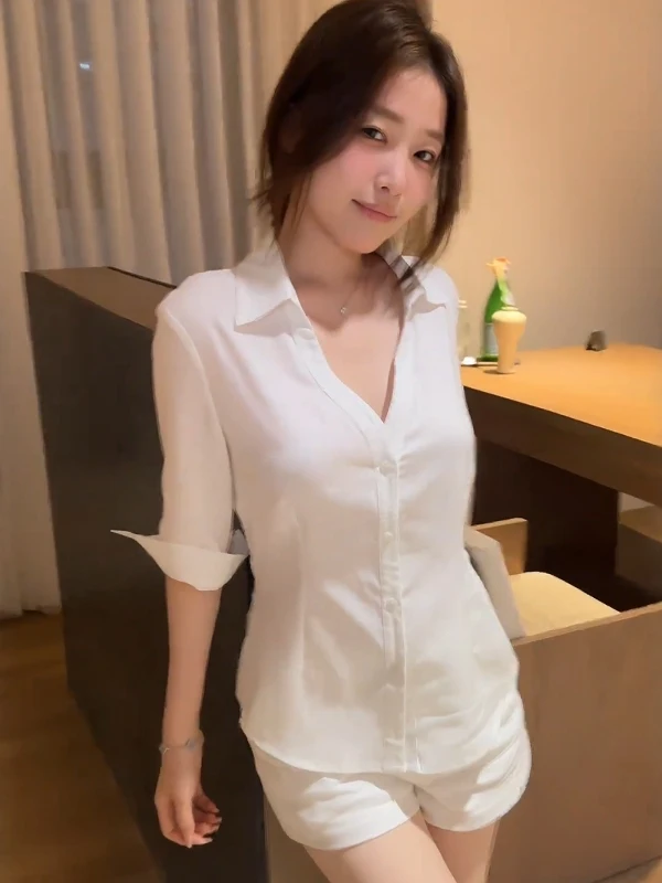 

Elegant Summer Linen Shirt And Shorts Set High Waist Slimming Women's Fashion Two-Piece Suit White Cotton Collar Button-Up