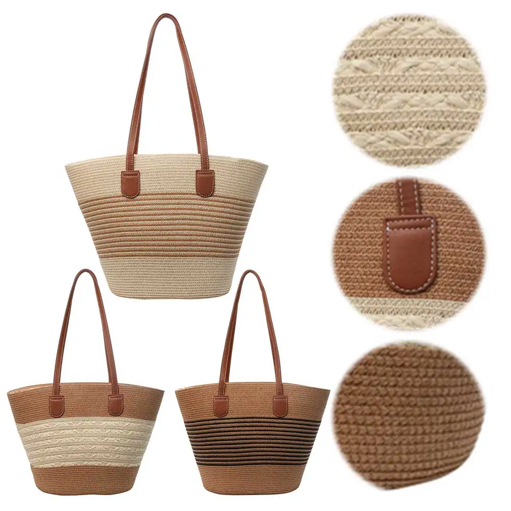 

Women Stripe Woven Handmade Bag with Zipper Vacation Bag Large Capacity Fashion Tote Bag Solid Color for Shopping Work