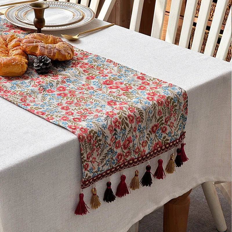 Extra langer 70/86" amerikanischer Vintage-Tischläufer, schwerer Jacquardstoff mit Quasten, waschbares amerikanisches Dekor für Buffetkamin