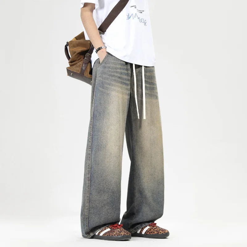 Scimitar Wide-leg Denim Trousers Viral Trends Men's Trousers Washed Loose and Comfortable Wear-resistant Handsome Elastic Waist