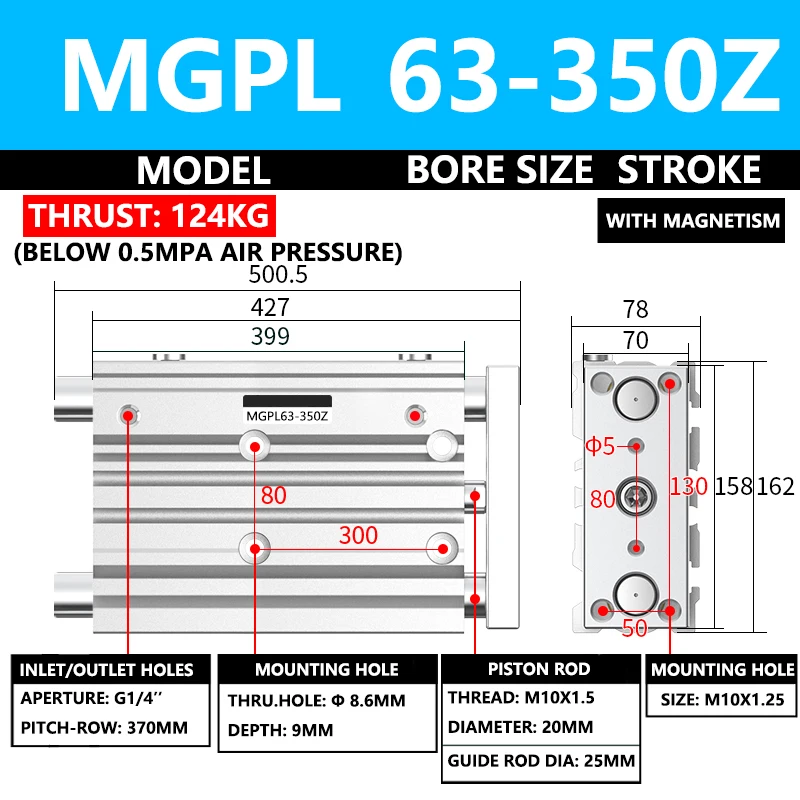 ABILKEEN MGPL63-350Z MGPL Pneumatic Compact Guide Cylinder 63MM Bore X 350MM Stroke Three Axis Three Rod Thin Air Cylinder