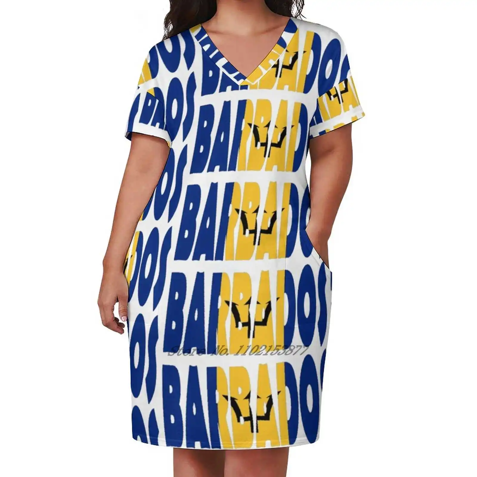 Barbados-Kleid mit lockeren Taschen, Sommer, sexy Kleid mit V-Ausschnitt, bedrucktes Kurzarmkleid, Barbados-Flagge, Name, Welt, Amerikas, Buchstaben-Logo