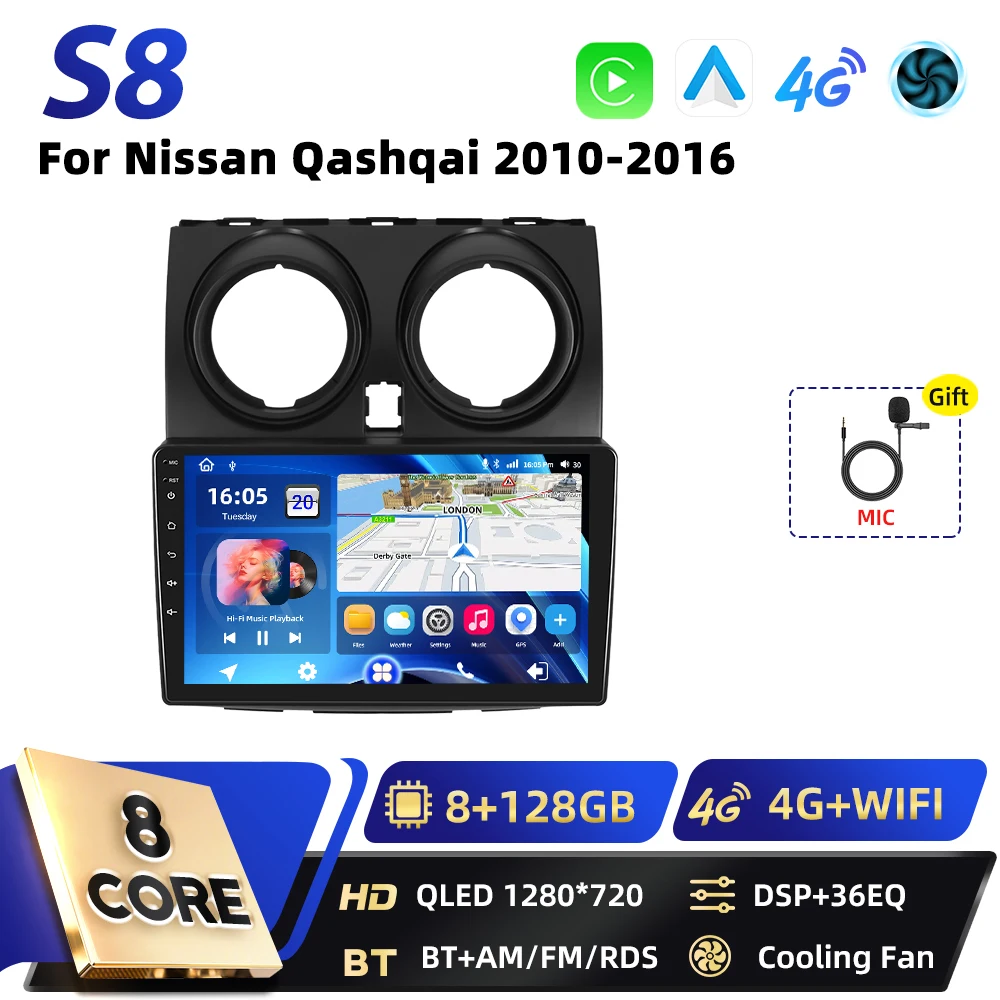 Podofo 8+128G Carplay 2DIN Android Auto Multimedia Speler voor Nissan Qashqai 2006 2007-2016 Intelligente Systemen GPS WIFI FM RDS