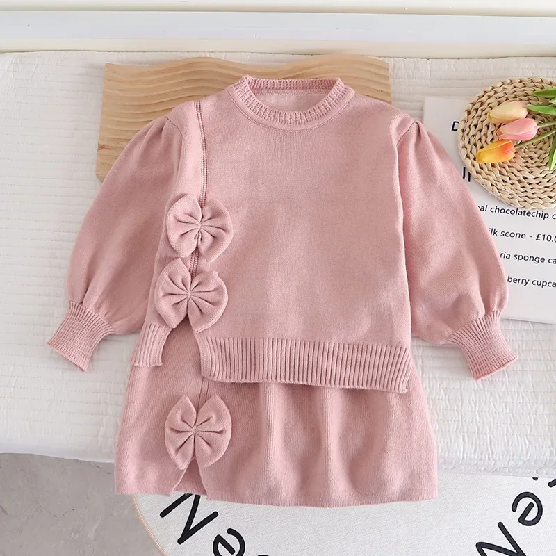 Children\'s Clothing Sets Bow Pullover Long Sleeve Top + Hip Skirt Winter Baby Girl Clothes Knit Sweater Toddler Cardigan Korean